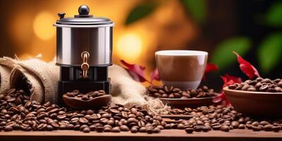 AI generated Coffee Grinder in the Cozy Cafe. Banner with place for text photo