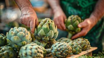 ai generado alcachofa - agricultores mercado con manos seleccionando un Fresco alcachofa foto