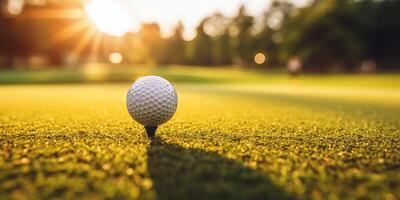 ai generado golf pelota en un golf curso antecedentes. bandera con sitio para texto foto