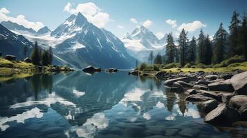 ai generado sereno montaña lago rodeado por imponente pino arboles foto