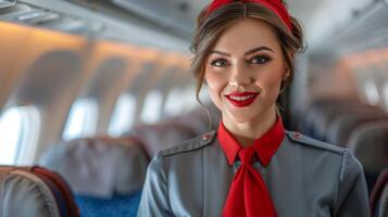 AI generated Stewardess airplane elegant unifor in cabin photo