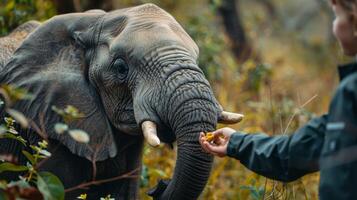 AI generated Jungle safari with hands holding out a treat to an elephant in the wild photo