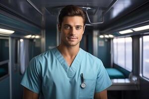 ai generado médico profesional. masculino doctor, hospital trabajador ambulancia foto