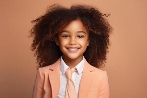 AI generated Joyful Black Girl in Peach Fuzz Suit on a Light Background photo