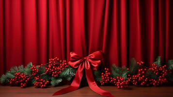 AI generated Christmas Ribbons and Holly Berries Arranged on a Red Background photo