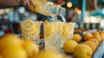 AI generated Lemonade stand with hands pouring refreshing lemonade into a cup photo