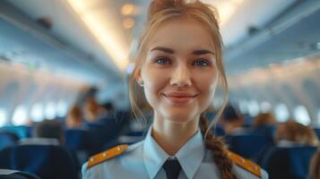 AI generated Stewardess airplane elegant unifor in cabin photo