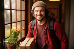 AI generated Food Delivery Man at Your Doorstep photo