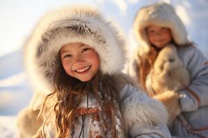 ai generado alegre esquimal niños en un invierno antecedentes foto