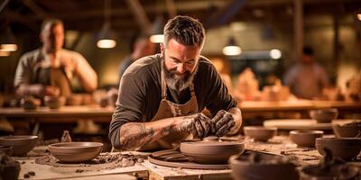 AI generated Man working in Potter's Wheel in Pottery Studio with a Potter Shaping Clay photo