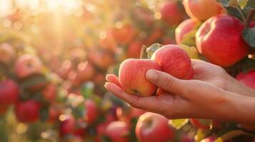 AI generated Orchard with people picking ripe apples from a tree photo