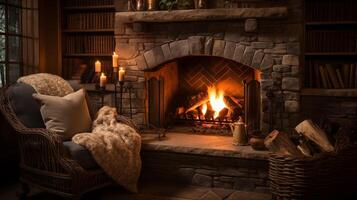 AI generated Warm Hearth. Cozy Fireplace with Crackling Flames Casting a Warm Glow photo