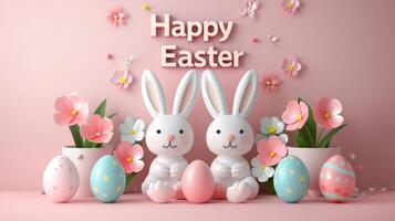 AI generated Happy Easter banner, poster, or greeting card featuring the text Happy Easter in a trendy design photo