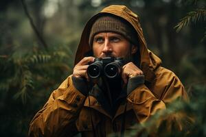 ai generado masculino fauna silvestre conservacionista con prismáticos foto