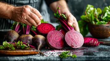 AI generated Kitchen counter with hands peeling and slicing vibrant red beetroots photo