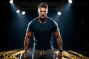 AI generated Athletic Fitness Man in a Dark Room with Illuminated Spotlights photo