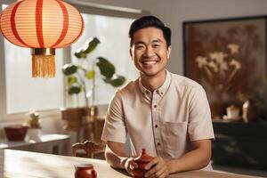 AI generated Happy Chinese Man Working in a Shop photo