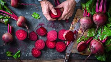 AI generated Kitchen counter with hands peeling and slicing vibrant red beetroots photo