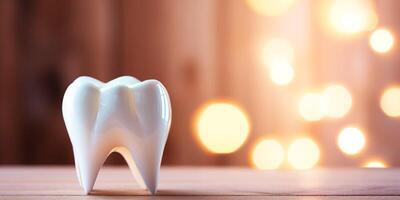 AI generated Tooth model on wooden table and bokeh lights background. photo