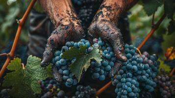 AI generated Vineyard with hands harvesting clusters of ripe grapes from the vines photo