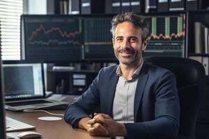 AI generated Happy Intelligent Trader Working on a Busy Office Floor photo