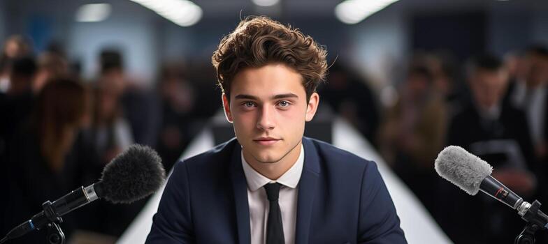 AI generated Young famous man gives an interview to journalists photo