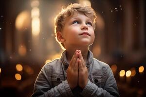 AI generated Christian Boy Praying in a Church. Faithful Moment photo