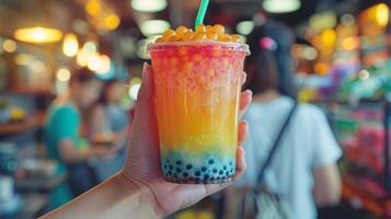 AI generated Bubble tea shop with hands holding a colorful cup of tapioca pearls photo