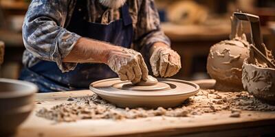 AI generated Man working in Potter's Wheel in Pottery Studio with a Potter Shaping Clay photo