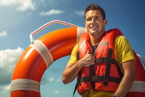 AI generated Male Lifeguard with a Rescue Buoy photo