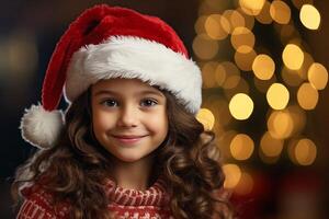 ai generado contento niña celebra Navidad en festivo saltador y sombrero foto
