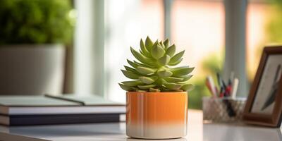 AI generated Potted Succulent on a Modern Office Desk with Small Succulents. Banner with place for text photo