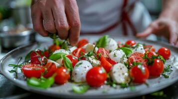 AI generated Italian restaurant with hands assembling a fresh caprese salad. photo