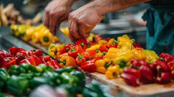 AI generated Cooking class with hands chopping colorful bell peppers for a dish photo