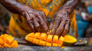 AI generated Street vendor with hands peeling and slicing a ripe mango. photo