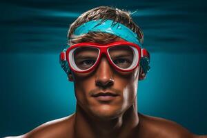 ai generado masculino competitivo nadador con nadar gorra y gafas de protección foto
