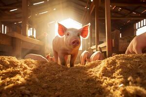 AI generated Pigs and Cattle Eating Grains in the Barn photo