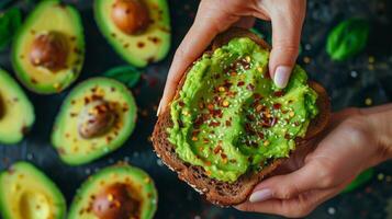 AI generated Breakfast table with hands spreading avocado on toast. photo