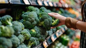 ai generado tienda de comestibles Tienda con manos seleccionando Fresco brócoli desde el Produce pasillo foto