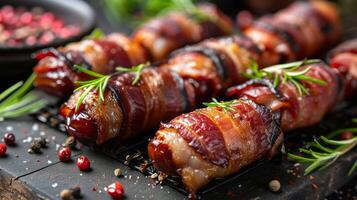 AI generated Dates wrapped in bacon, a delightful combination of sweetness and savory flavors photo