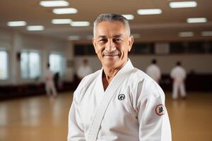 AI generated Happy Senior Karate Man in Training in Gym photo