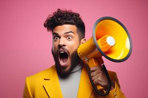 AI generated Black Man Screaming in Loudspeaker on a pink background photo