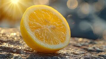AI generated Zesty Yellow Lemon Slices on Stone Background. Summer Citrus Freshness. photo