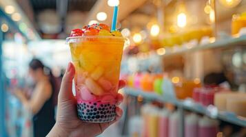 AI generated Bubble tea shop with hands holding a colorful cup of tapioca pearls photo