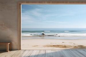 ai generado playa mediante un abierto ventana, antecedentes mar foto