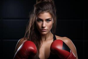 ai generado Boxer mujer con boxeo guantes en el gimnasio foto