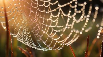 AI generated Macro Photograph of a Dew-Covered Spider Web Glistening photo