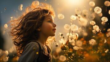 AI generated Child Blowing Dandelion Seeds into the Air photo