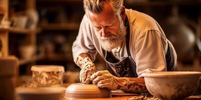 AI generated Man working in Potter's Wheel in Pottery Studio with a Potter Shaping Clay photo