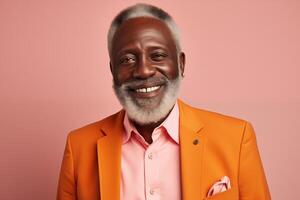 AI generated Happy Black Senior Man in a Stylish Peach Fuzz Suit. Dapper Senior Style photo